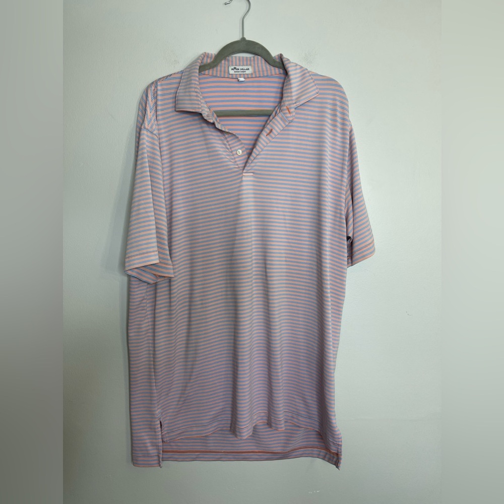 Peter Millar summer Comfort Golf Performance Pink Blue Striped Polo Shirt Sz L